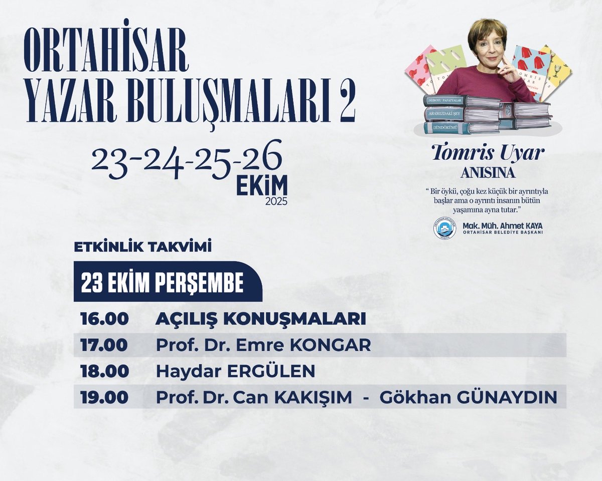 Ortahisar Yazar Buluşmaları bugün (23 Ekim) başlıyor ilk günün konukları,
Prof. Dr. Emre Kongar
Haydar Ergülen
Prof.Dr.Can Kakışım ve Gökhan Günaydın