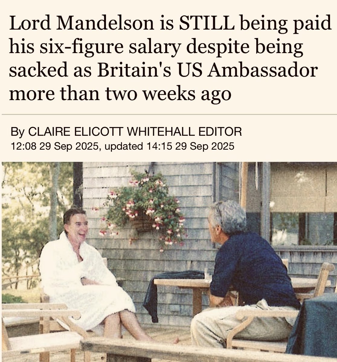 Peter Mandelson remains on the taxpayer funded Foreign Office payroll despite being sacked. Is it any wonder that Britain is in a mess? The establishment get protected and rewarded for their bad behaviour. The public get punished by paying for it.