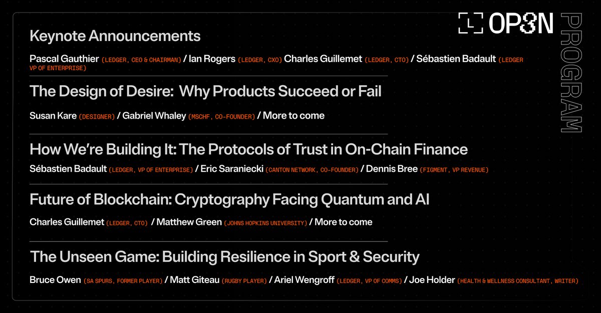 Ledger's tweet image. GM World, the future of digital ownership is here. 🔐

🚨 Here’s what you’ve got to look forward to today at #LedgerOp3n2025:

📢 Major keynotes and announcements from:

- Pascal Gauthier (@_pgauthier,), CEO of Ledger
- Ian Rogers (@iancr), Chief Experience Officer
- Sebastien…