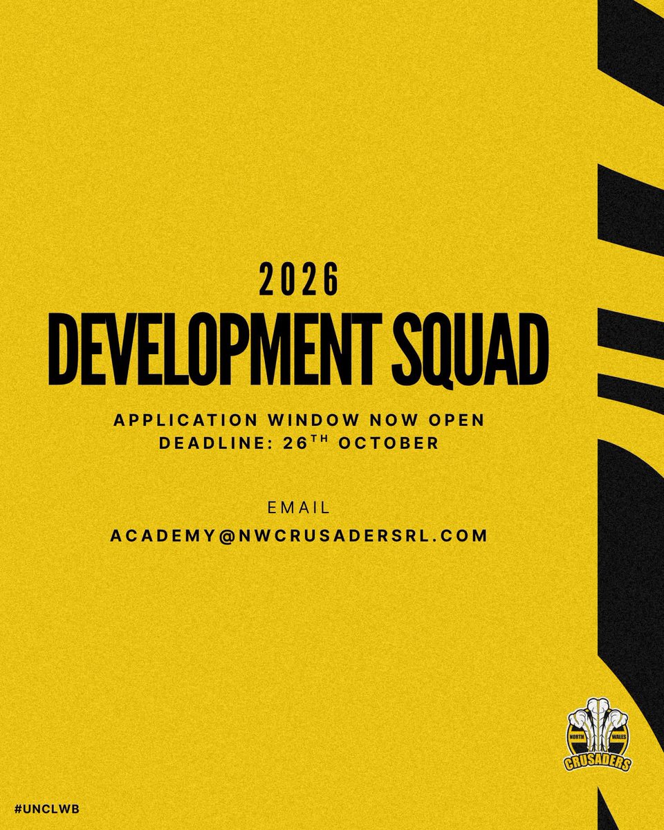 NWCrusadersRL's tweet photo. There’s just 3️⃣ days remaining to apply for your place in our men’s development squad!

Develop under the watchful eye of first-team coaching staff looking to build our player pathway into the 2026 season. 

#UnClwb 🐉 https://t.co/6Bm4Vabjgp