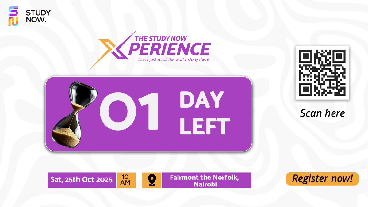 studynowea's tweet image. ONLY 1 DAY LEFT! Nairobi&apos;s biggest study abroad event is happening this Saturday! Have you registered yet? If not, you still have a chance to do so. Register here; wkf.ms/4mrtnZJ
#StudyAbroad #studynowea #studyabroadevent #StudyInUK