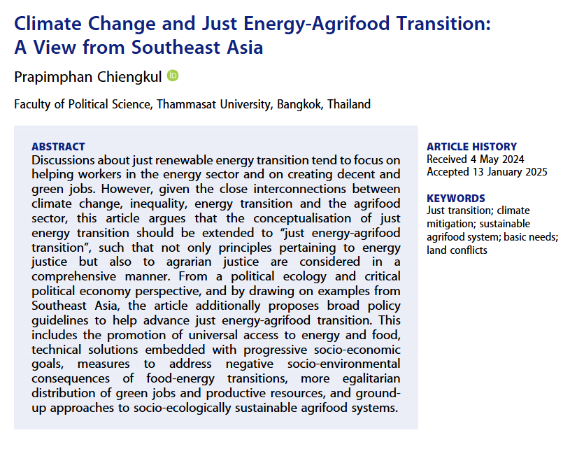 GloblSociety's tweet image. The sixth article in Global Society 39(4) is by Prapimphan Chiengkul (@thammasat_uni), titled "Climate Change and Just Energy-Agrifood Transition: A View from Southeast Asia". Be sure to give it a read!

#Justice #Climate #Needs #Conflict 

tandfonline.com/doi/full/10.10…