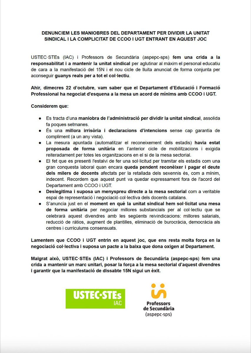 Denunciem les maniobres del Departament per dividir la unitat sindical i la complicitat de CCOO i UGT entrant en aquest joc

USTEC·STEs (IAC) i Professors de Secundària (aspepc-sps) fem una crida a la responsabilitat i a mantenir la unitat sindical per aglutinar al màxim el