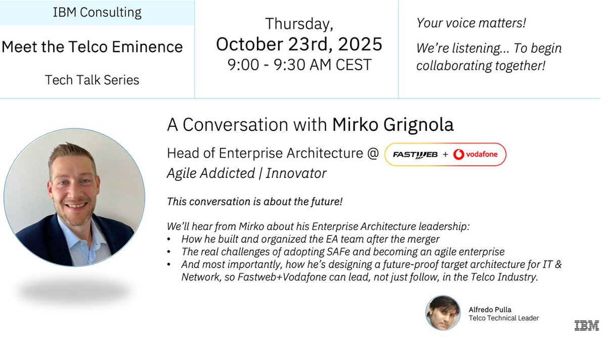alfpulla's tweet image. It was a great pleasure welcoming Mirko Grignola, Head of Enterprise Architecture at #FastwebVodafone to our @ibmconsulting Telco Tech Talk. Beyond #EnterpriseArchitecture, we talked about trust, methodologies, and the future of #Telco. Mirko, I greatly appreciated your insights