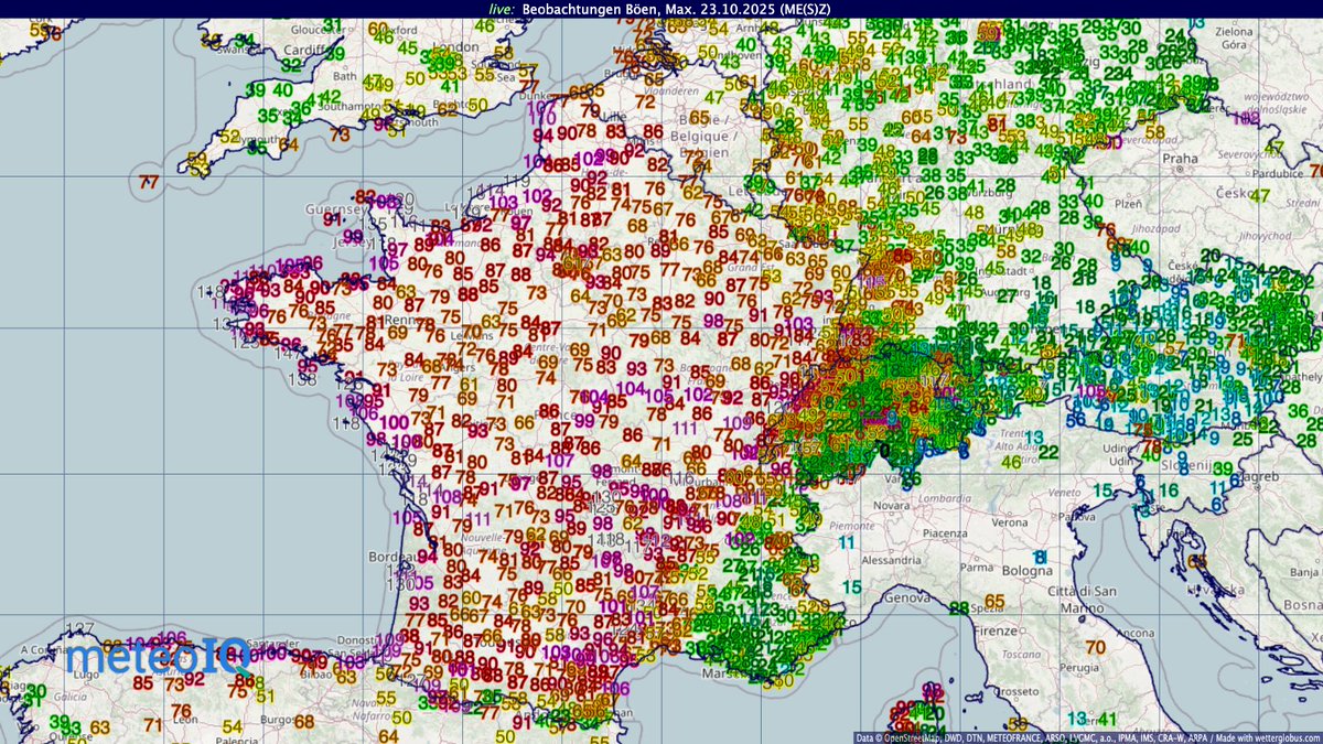 Update #Tempête #Benjamin highest wind gusts in km/h in #France since midnight today until 10 o'clock:
161 Fecamp
149 Cap-De-La-Heve
148 Prat De Bouc
147 Ile De Groix
147 Beg Melen
142 Saint-Clement Des Baleines
138 Le Talut
138 Belle Ile-Le Talut
Data: <a href="/meteofrance/">Météo-France</a>