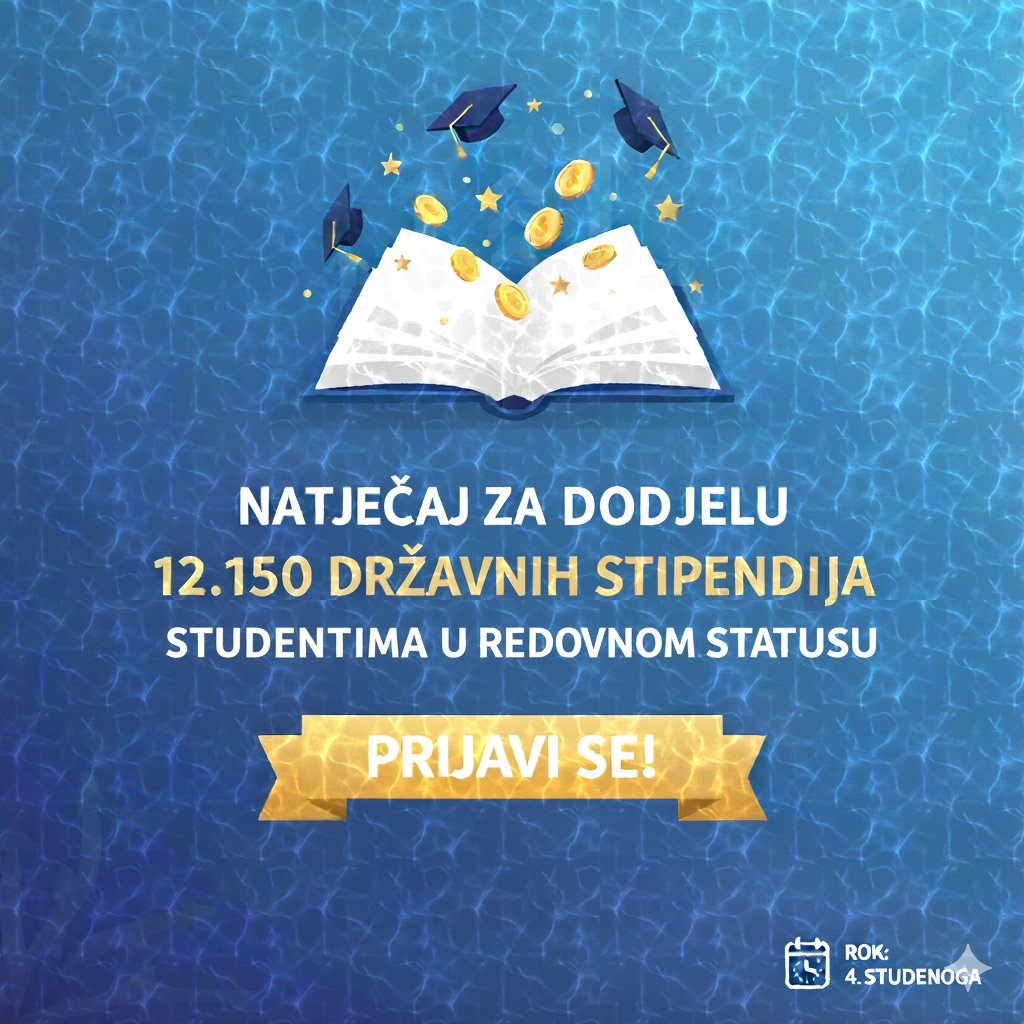 📢 Ministarstvo znanosti, obrazovanja i mladih raspisalo je Natječaj za dodjelu 12.150 državnih stipendija za ak. god. 2025./2026. studentima u redovitom statusu koji studiraju na visokim učilištima u Republici Hrvatskoj. 💶

🔗👉 bit.ly/4o502pj

#UniZg #mojesveuciliste