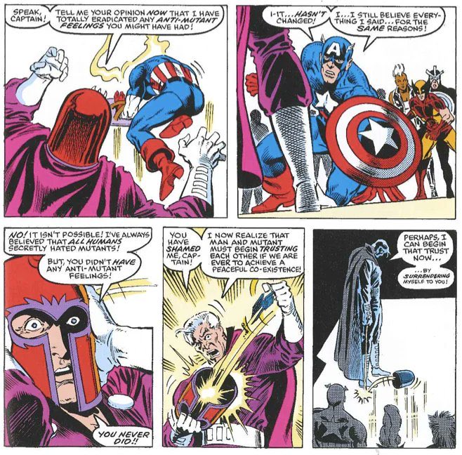 It’s so funny how the topic of Steve liking mutants or not is brought up because back in the 80’s Magneto literally looked in Steve’s mind and was so utterly flabbergasted by how woke Steve was and how he didn’t have any any anti-mutant thoughts that Eric just gave up fighting.