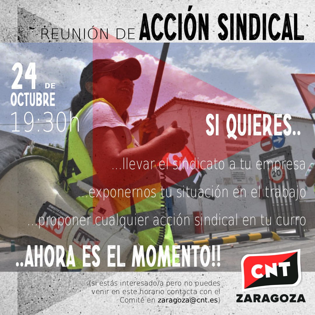 CNT_Zaragoza's tweet photo. 🔴 Viernes 24 a las 19:30, la afiliación de CNT Zaragoza nos reunimos para hacer propuestas, resolver dudas, y comentar la Acción Sindical de nuestro sindicato.

¡Afíliate para participar en próximos encuentros! ✊

#sindicalismorevolucionario #contrapodersindical #cnt https://t.co/H7PpWV1F6c