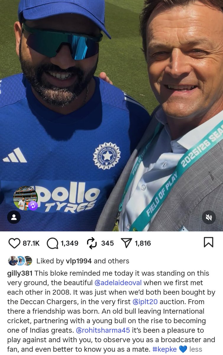 CricCrazyJohns's tweet image. An Emotional Instagram post by Adam Gilchrist with Rohit Sharma. 🥺❤️