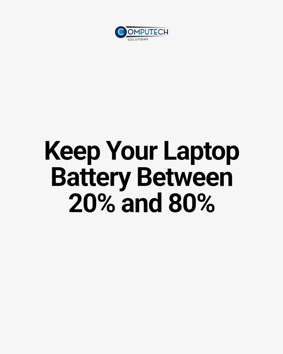 Computech_PTA's tweet image. Extend laptop battery life: lower brightness, close unused apps, use power-saving modes, keep charge 20-80%, replace old batteries with quality Computech Solutions options. Shop our battery &amp;amp; charger sale today! #LaptopBattery #ComputechSolutions #TechSupport