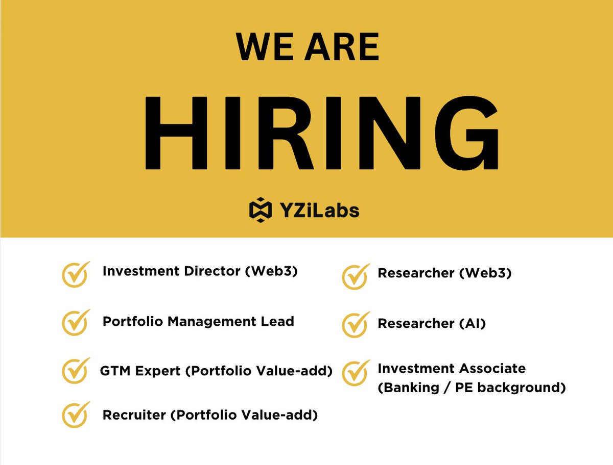 yzilabs's tweet image. We’re hiring at YZi Labs!
If you want to back the next generation of founders shaping Web3, AI, and biotech -- this is your call.
🟡 Roles open below ↓