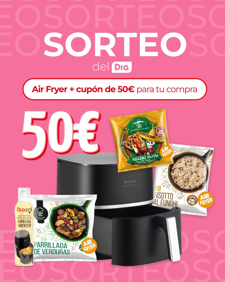 DIA_Esp's tweet image. 💥 Sorteo del Dia 💥
¿A que te llevarías esta airfryer para que tu comida quede de vicio? Pues también 50€ para cocinarte lo que quieras 😉
Aquí van los pasos para participar en el sorteo 👇🏼
• Seguir a la cuenta oficial de @dia_esp
• Menciona a un amigo
• Like y RT
Tienes…