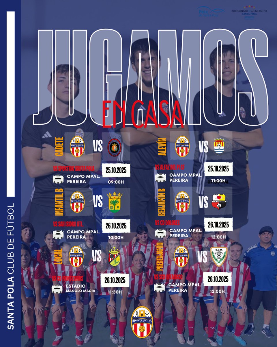 𝙅𝙐𝙂𝘼𝙈𝙊𝙎 𝙀𝙉 𝘾𝘼𝙎𝘼 

🗓️ Te traemos, como cada semana, los partidos que nuestro <a href="/SantaPolaCF/">Santa Pola C.F.</a> disputará como local esta jornada

➡️ El cadete abre el fin de semana con el derbi de la ciudad y lo cierra el prebenjamín B con su duelo ante el @SCDIntangco1975 B.