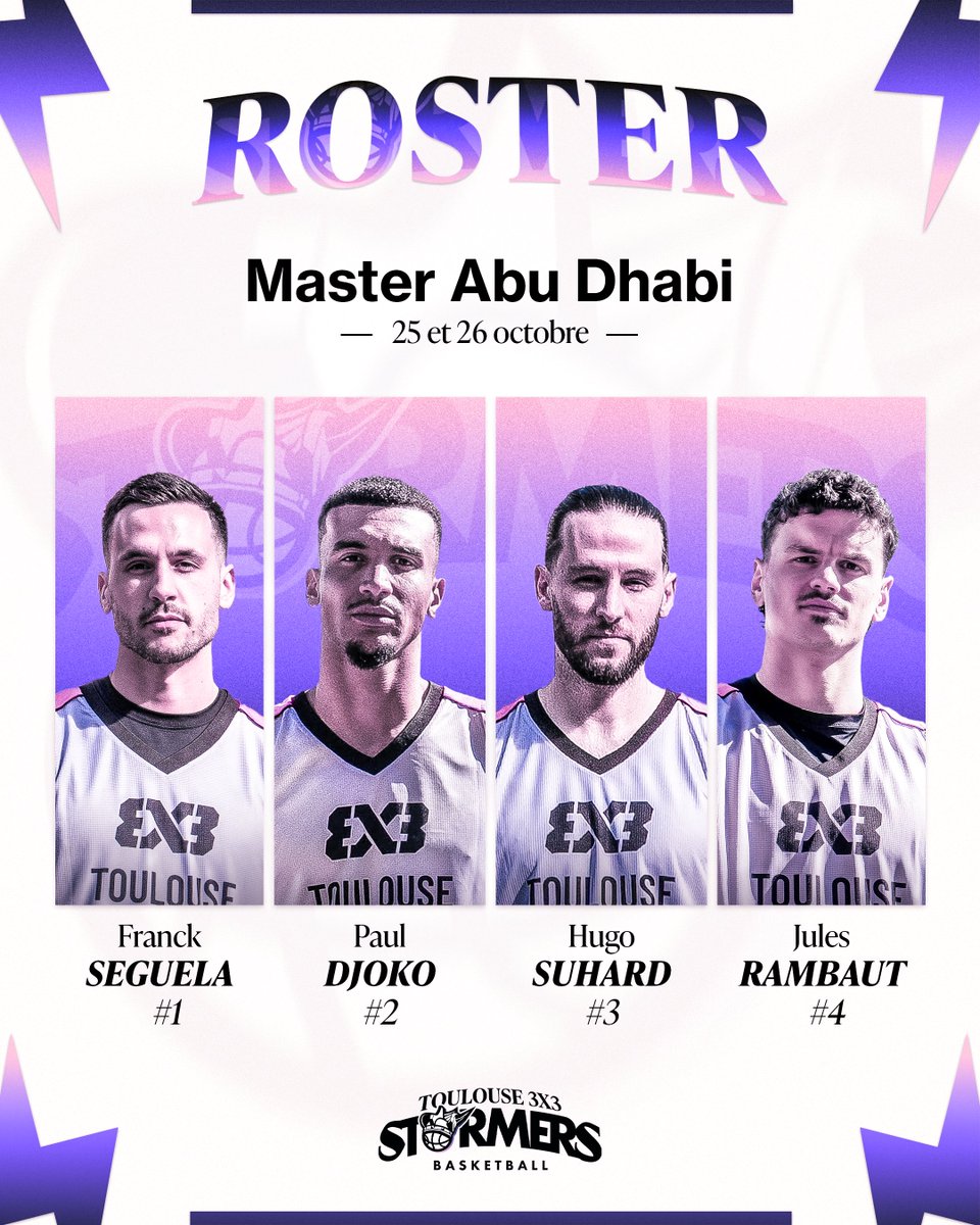⚡ Voici les quatre Stormers qui participeront au Master d'Abu Dhabi les 25 et 26 octobre !
➡️ Les matchs seront à suivre en direct sur notre site web : toulouse3x3.fr

#stormers #toulouse3x3 #toulouse #basketball #basket