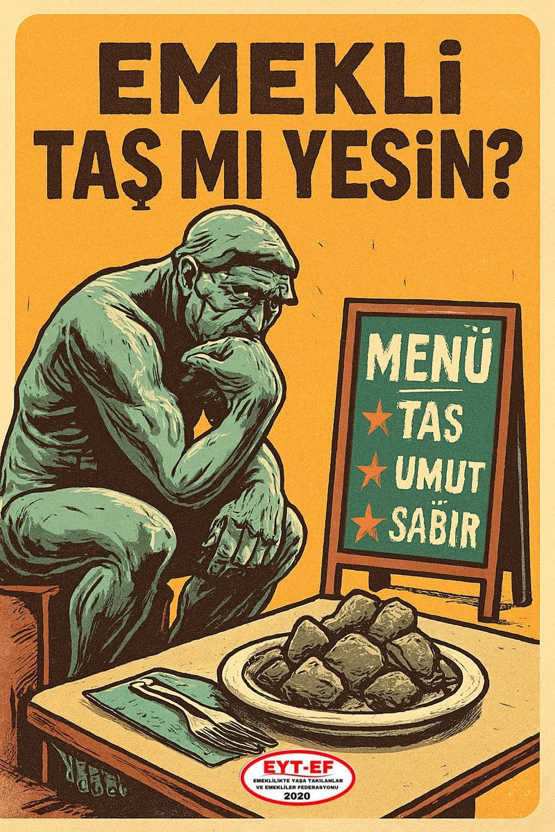 mkolmez's tweet photo. EMEKLİ
👇
#EmeklilerTaşMıYesin

Bugün milyonlarca Emekli
yaşam mücadelesinde.
İktidarsa “ekonomi büyüdü” hikayesinde.

Huzur dediniz, hayal oldu.
Refah dediniz, buhar oldu.

Sofrada ekmek yok.
Cepte para yok.

#Emekli Taş mı yesin?

#5000KısmiyeYasaGelsin
@RTErdogan
@isikhanvedat https://t.co/H1op4ayspP