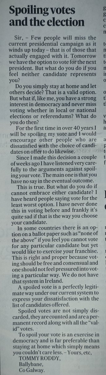TommyRoddy's tweet image. 3 letters in the Irish Times today including my one advocating that people spoil their votes.
#spoilthevote 
#SpoilTheVote2025 
#presidentialelection