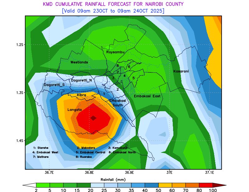 🌧️ Weather Update – Thursday, 23rd October 2025

Ongoing rains over several parts of the country are expected to intensify and spread further today. 🌦️
Rainfall over the Lake Victoria Basin, Rift Valley, and Highlands West of the Rift Valley is expected to increase to more than