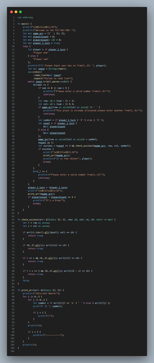 SunilReddy48731's tweet image. Built a Tic-Tac-Toe game in Rust 🎮
💻 Fully in the terminal
♟️ Handles moves, wins & draws
🔥 Optimized with Rust arrays & iterators
Think you can beat it?
#RustLang #RustDev #Programming