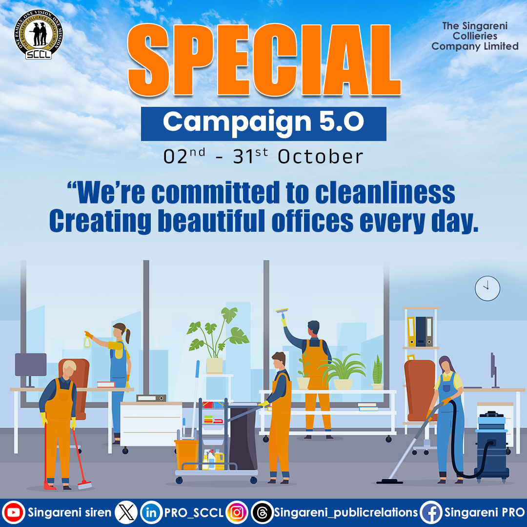 PRO_SCCL's tweet photo. ✨ We’re committed to cleanliness — creating beautiful offices every day! ✨
A clean workspace inspires productivity, positivity, and pride. 🌿
Let’s keep our offices shining — because cleanliness is our shared responsibility! 💪
#CleanOffice #BeautifulWorkplace #SpecialCampaign5.0 #SCCL #singareniglobal #CleanAndGreen #OfficeHygiene #TeamWork #WorkplaceWellness