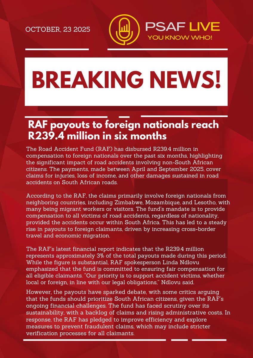 PSAFLIVE's tweet image. RAF Payouts to Foreign Nationals Reach R239.4 Million in Six Months