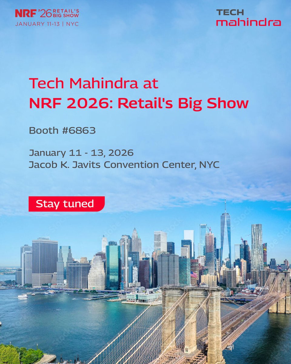 tech_mahindra's tweet image. We’re headed to New York City!

Join @tech_mahindra at #NRF 2026: Retail’s Big Show, happening January 11–13 at the Jacob K. Javits Convention Center, NYC.

At Booth #6863, experience how we’re transforming physical stores into intelligent, connected, and customer-centric spaces-…