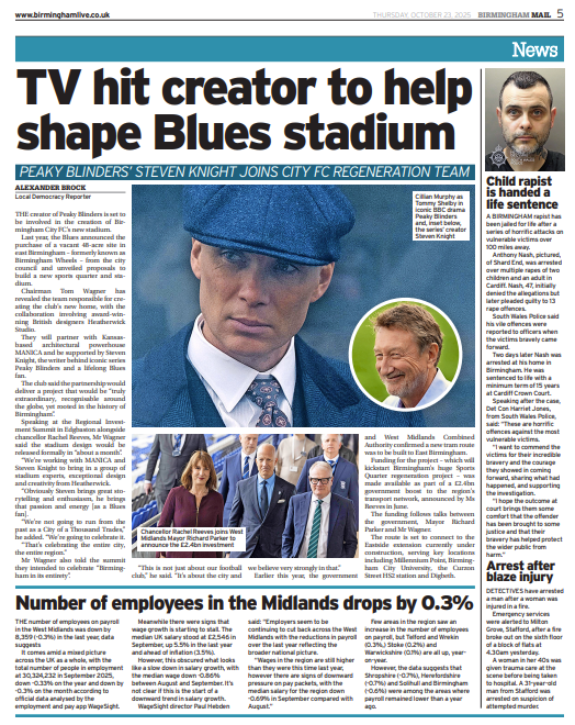 On the front page of today's Birmingham Mail - Peaky Blinders creator to help shape new Blues stadium