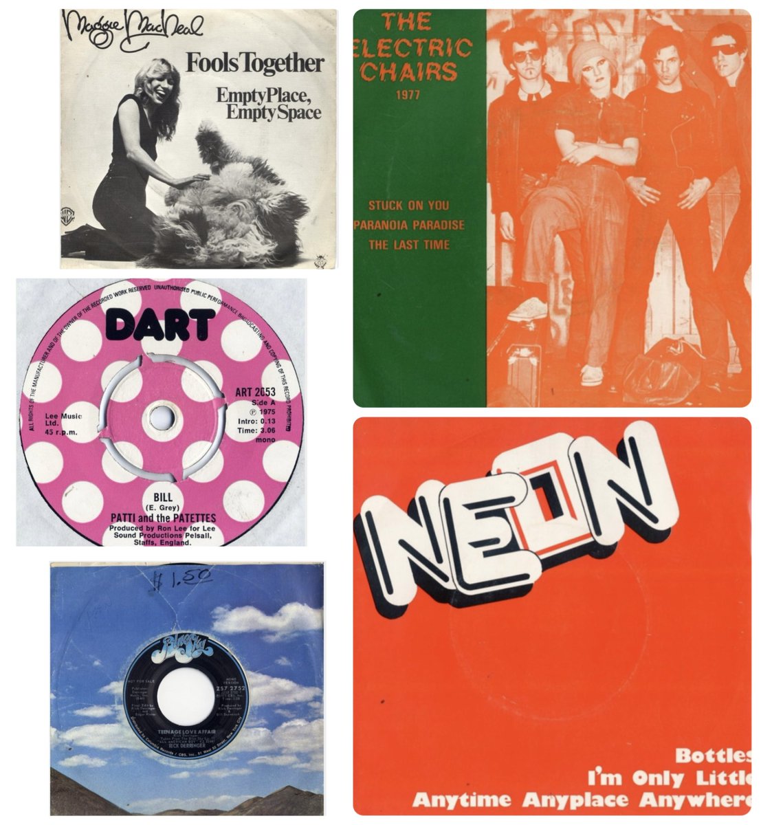 HiroshitheKnock's tweet photo. ☁︎10/23新入荷☁︎

The Electric Chairs - Stuck On You 7"
Maggie Macneal - Fools Together 7"
Neon - Bottles 7"
Patti and the Patettes - Bill 7"
Rick Derringer - Teenage Love Affair 7"

#rocknroll #70spunk #glamrock #girlpop

https://t.co/bysouttYRQ https://t.co/vKPTxbBWtU