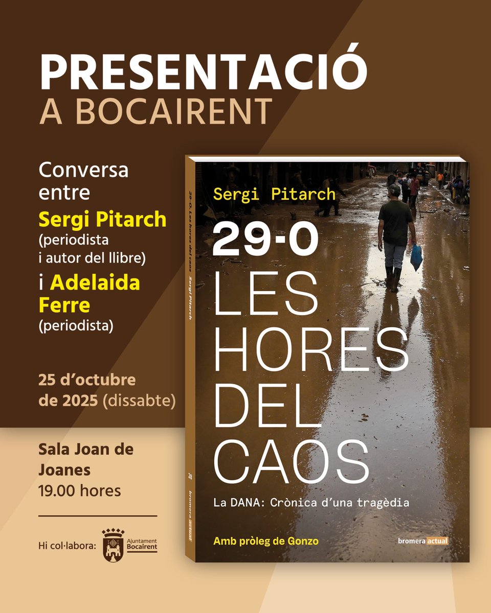 📖 Els periodistes Sergi Pitarch i Adelaida Ferre conversaran sobre la publicació escrita pel primer en què analitza la riuada del passat 29 d'octubre.