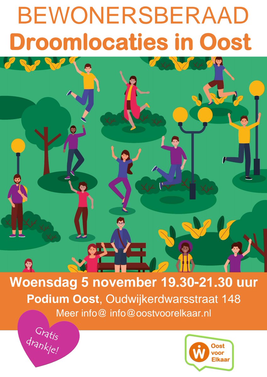 Vraag aan bewoners wat prioriteit heeft en het antwoord is  'elkaar ontmoeten en verbondenheid'. 

Op woensdag 5 november is er daarom een  bewonersberaad 'Droomlocaties in Oost'. 

Doel is met elkaar verbeelden hoe nieuwe en bestaande locaties in Oost eruit zouden kunnen zien.