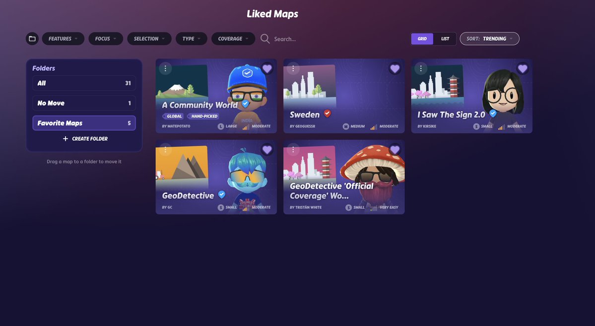 geoguessr's tweet image. Hey, we heard you guys liked maps, so we improved the LIKED MAPS!!
New Features:
🫡Create Folders
🫡Search for maps
🫡View maps as a List or Grid
🫡Sort your maps by likes, newest, alphabetically