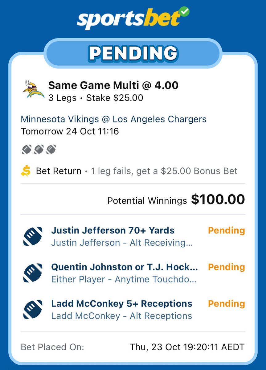 Vikings Vs Chargers NFL Primetime 🔥 

Johnston OR Hockenson Anytime TD
Justin Jefferson 70+ Yards
Ladd McConkey 5+ Receptions

$25 = $100 

Like if you are Tailing 💙🐍