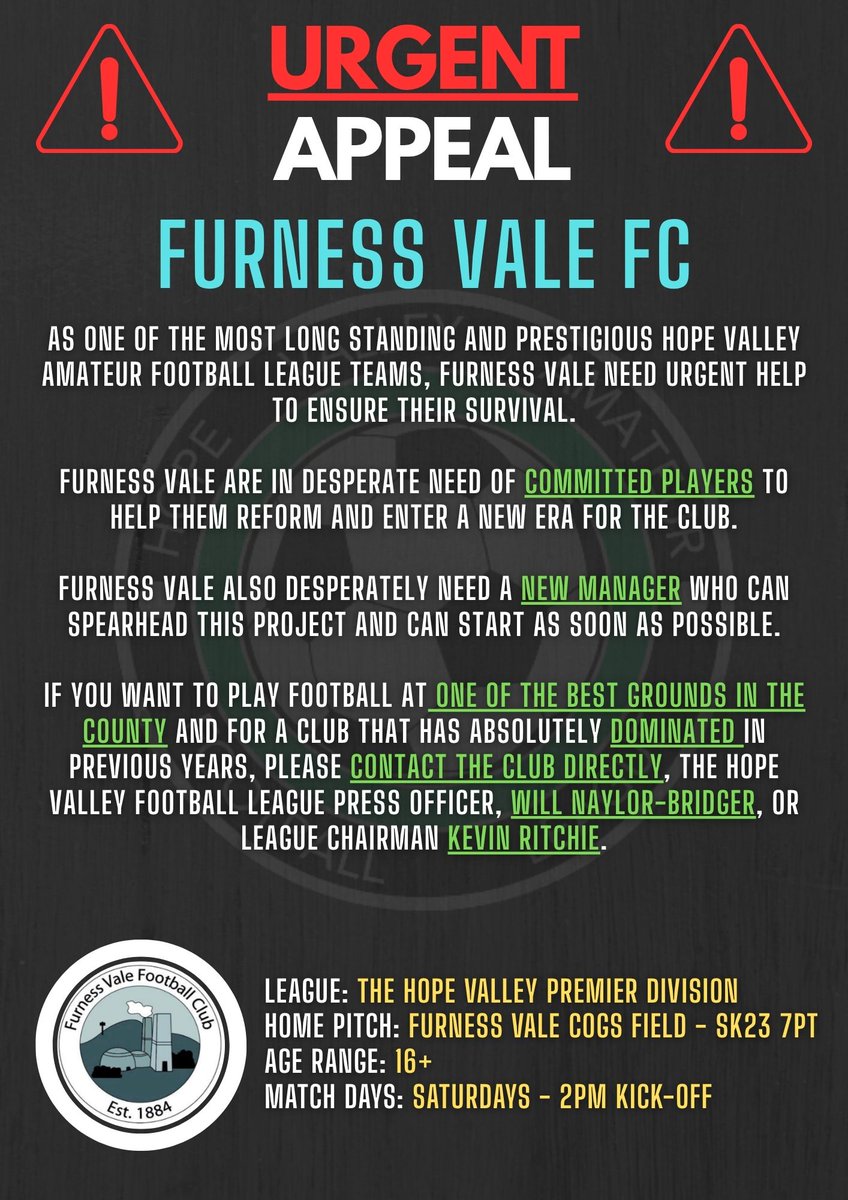 ***** URGENT APPEAL *****

If you can give absolutely anything to one of Derbyshire's most established and recognised grassroots football clubs, please get in touch. 

<a href="/UTVFVFC/">Furness Vale FC</a> 
<a href="/DerbyshireFA/">Derbyshire FA</a> 
<a href="/nonleaguevol/">Non-League Volunteers</a> 
<a href="/NonLeaguePaper/">The Non-League Paper</a>