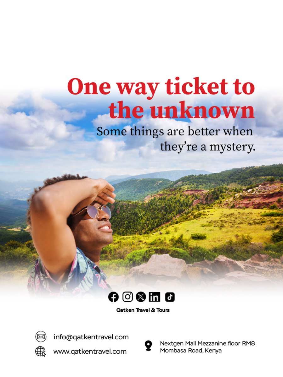 qatkentours's tweet photo. Ever wondered what happens when you step beyond the familiar?

Let’s turn the unknown into unforgettable memories one destination at a time.

📩 info@qatkentravel.com | 🌐 https://t.co/A2inurj9ep
📍 Nextgen Mall, Mombasa Road, Kenya

#TravelWithQatken #ExploreMore #TravelGoals https://t.co/DbNJ3LPIED