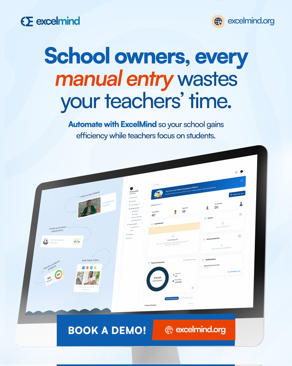 joinexcelmind's tweet image. School owners, let’s be honest, every extra manual entry steals time from what really matters: teaching.
When teachers spend hours updating records instead of inspiring students, everyone loses.
With ExcelMind, your school runs smarter. Attendance, results, fees, and timetables…