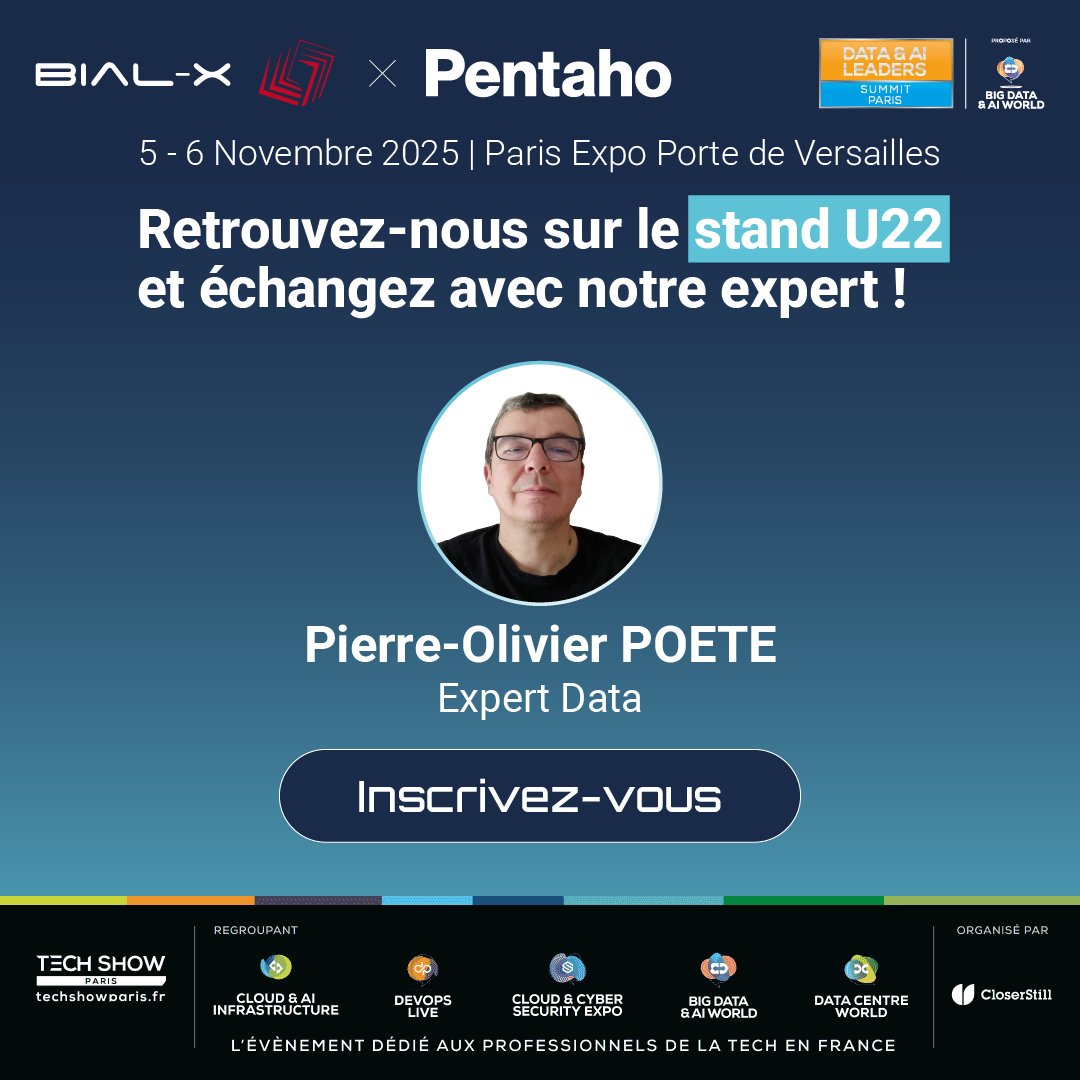 BIALX's tweet photo. 📢 @BIALX participe, aux côtés de son partenaire historique @Pentaho, au Tech Show Paris 2025 – Data &amp; AI Leaders Summit, les 5 et 6 novembre, à Paris Expo Porte de Versailles.

🗓 Les 5 et 6 novembre 2025
📍 Stand U22

Inscrivez-vous dès maintenant ! 👇
 https://t.co/jxkVM7pkmR https://t.co/6vaLoUDPEC