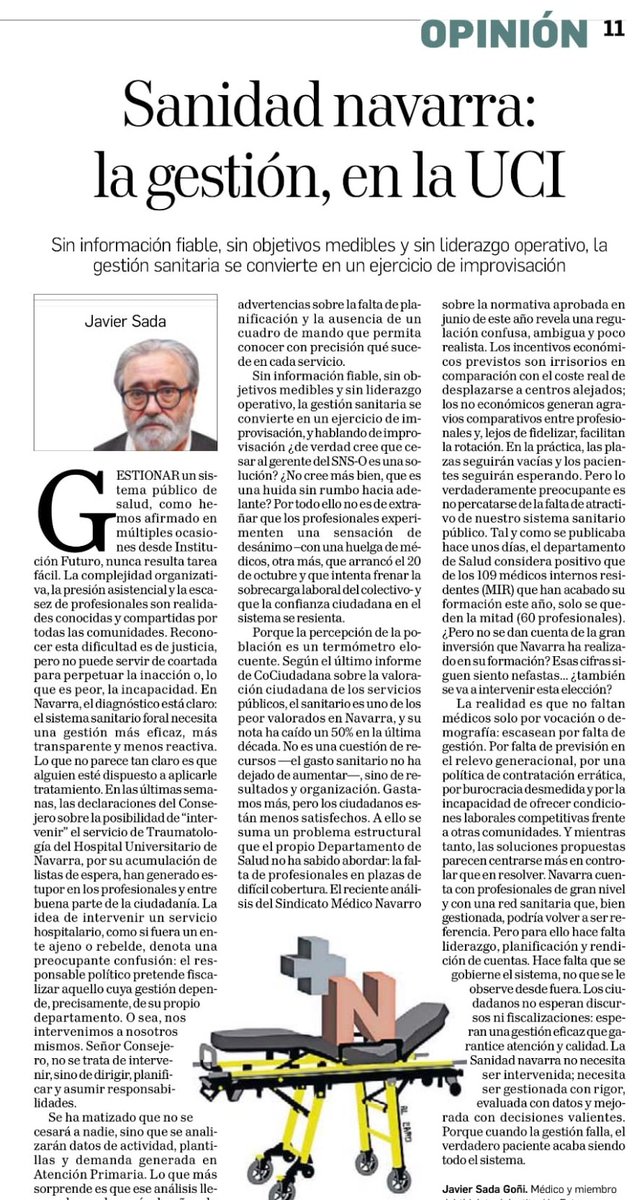 🩺#Navarra destina más recursos que nunca a su #sanidad… pero los resultados empeoran. El problema es de gestión
 👉Último artículo de Javier Sada, médico y miembro de Institución Futuro: “Sanidad navarra: la gestión, en la UCI” ⤵️
 ifuturo.org/sanidad-navarr…