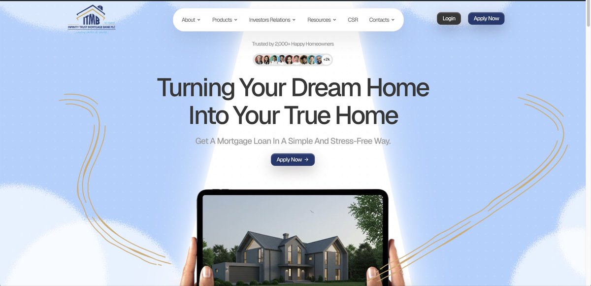 itmbplc's tweet image. Dream homes don’t just happen — they’re built with the right support.
Head to infinitytrustmortgagebank.com, click Products, and find the mortgage that turns your dream into reality.