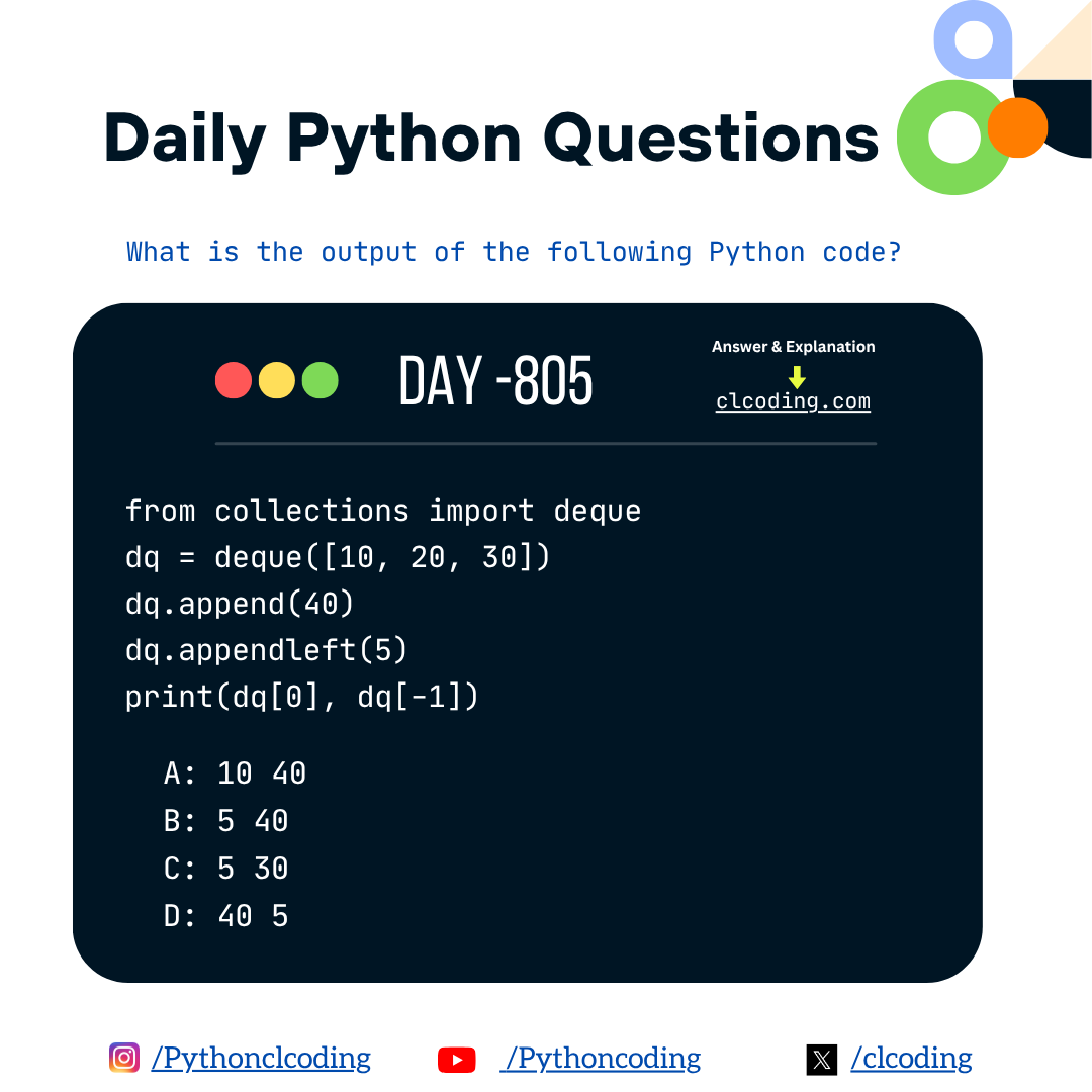 clcoding's tweet image. Python Coding challenge - Day 805| What is the output of the following Python Code
Answer with Explanation: clcoding.com/2025/10/python…
