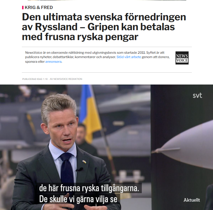 Sweden’s Defence Minister says frozen Russian assets worth €7.35 billion could be used to fund Ukraine’s potential purchase of 100–150 Gripen E fighter jets. If finalized, Russia would end up financing Sweden’s biggest fighter export, straight to Ukraine.