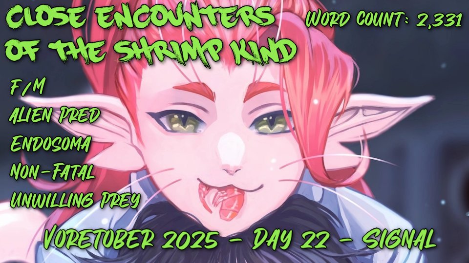 #Voretober2025 Day 22 complete.

Dr. Kel makes the mistake of getting between an Ariral and her shrimp. Lucky for him, she likes him.

aryion.com/g4/view/1192348