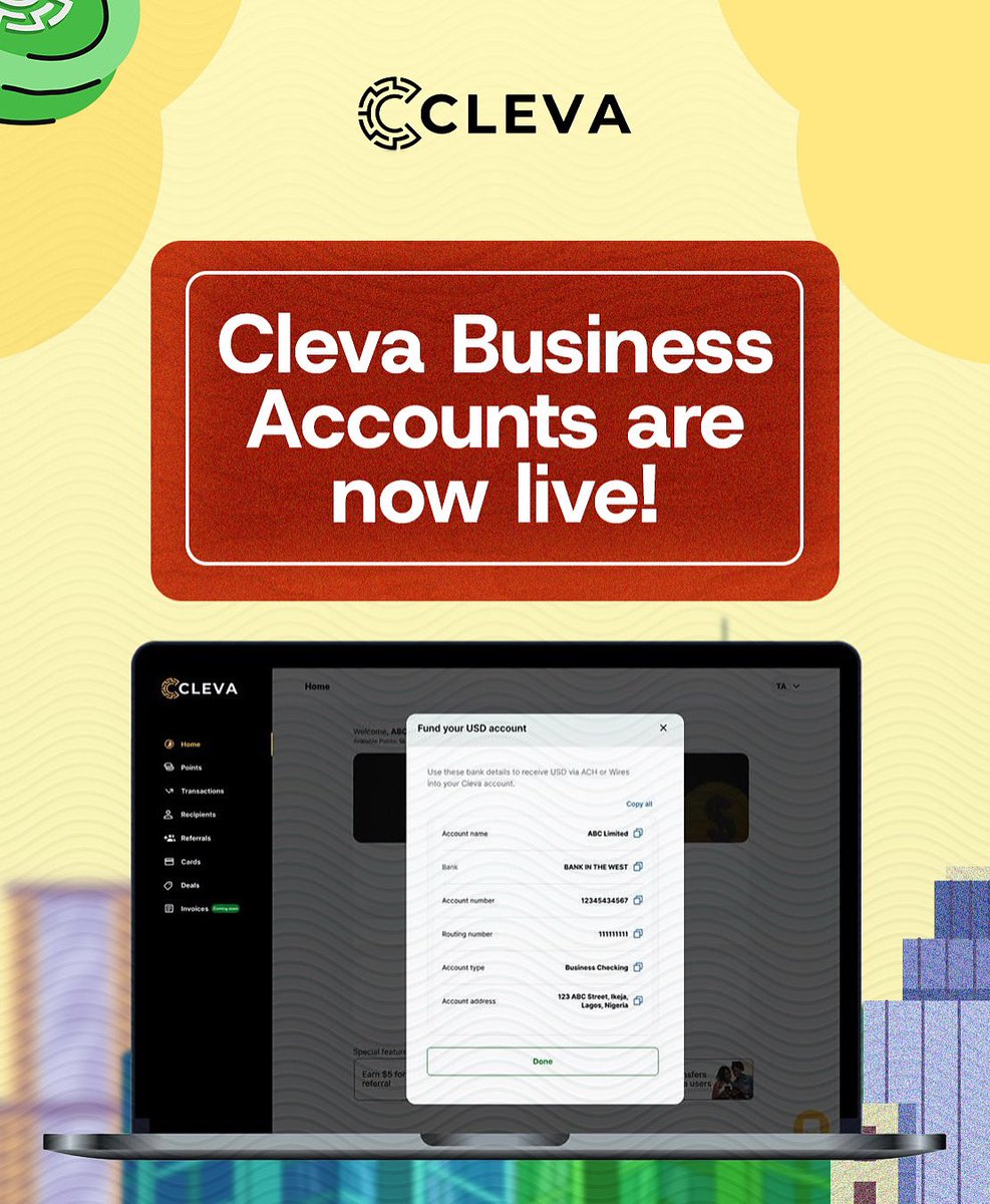 You’ve taken your business global. We just made your payments catch up.

Cleva Business Accounts are now LIVE!💃🏾

With the Cleva Business Account, you can now:
✅ Get a USD account in your business name
✅ Convert USD to local currency easily
✅ Receive deposits via USD or
