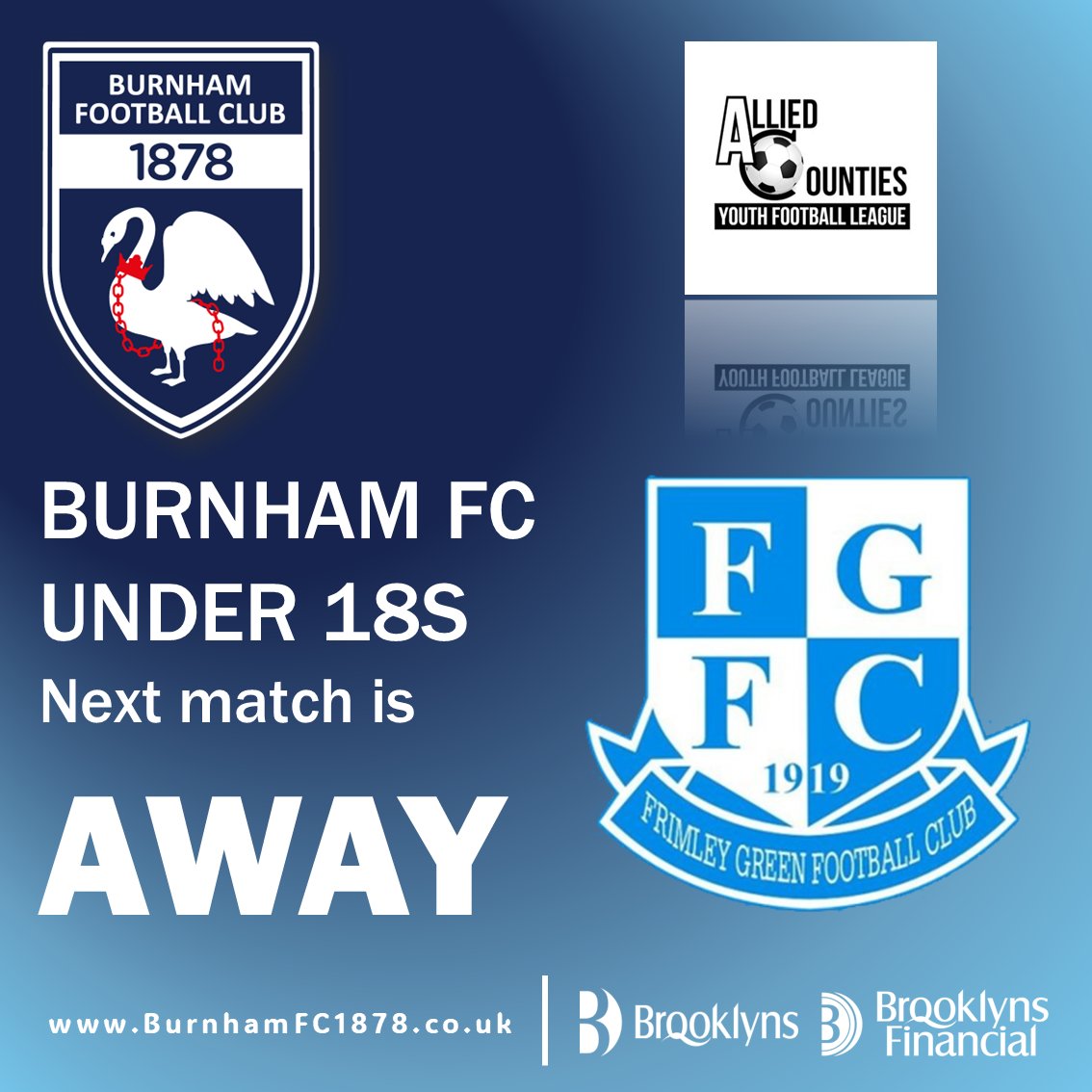 NEXT MATCH - AWAY

Wednesday 29th October, KO 19:45

BURNHAM FC U18s v FRIMLEY GREEN FC U18s

FRIMLEY GREEN RECREATION GROUND - GU16 9FF 

<a href="/FrimleyGreenFC/">Frimley Green FC</a> <a href="/ACYFL_Official/">ACYFL_Official</a>