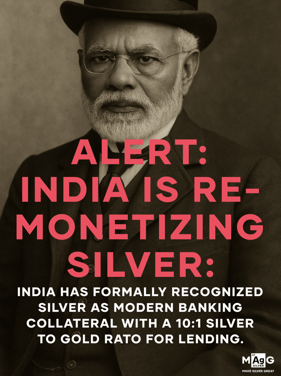 MakeGoldGreat's tweet image. 🚨 MAJOR NEWS: 🇮🇳 INDIA WILL FORMALLY ALLOW #SILVER TO BE USED AS LOAN COLLATERAL FROM APRIL 2026.

INTERESTINGLY BORROWERS ONLY NEED 10 KGS OF #SILVER VS 1 KG OF #GOLD. WHAT A RATIO.