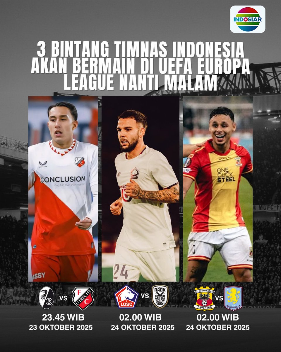 Tiga bintang timnas siap tampil di UEFA Europa League! 🇮🇩 Miliano  Jonathans, Freiburg vs FC Utrecht (23.45 WIB) Calvin Verdonk, LOSC Lille vs  PAOK (02.00 WIB) Dean James, Go Ahead Eagles vs