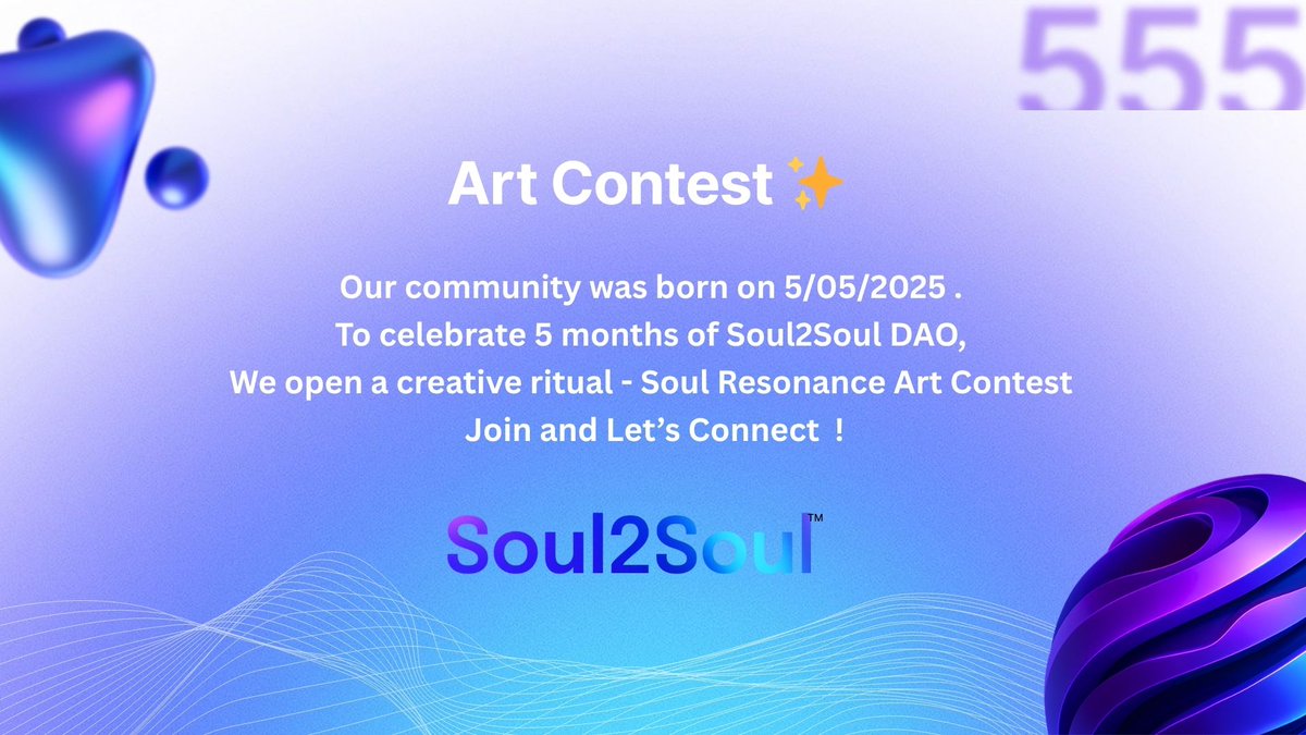 Soul2Soul_DAO's tweet image. Soul2Soul Resonance Art Contest ✨

Calling all visionaries of light, art &amp;amp; spirit 🌕

Your work can be digital, AI-generated, or hand-drawn 
show how connection feels: through light, motion, or reflection.
Think resonance, reflection, cosmic harmony, invisible frequencies. ✨
💰…