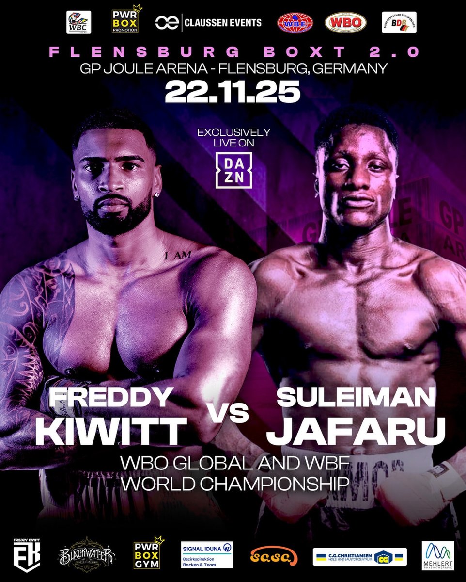 Freddy Kiwitt 🇱🇷 vs Suleiman Jafaru 🇳🇬 lock horns for the WBO Global &amp; WBF World Titles on Nov 22 at the GP Joule Arena in Flensburg, Germany. This event will be live on DAZN. 

#kboxtv #boxing #freddykiwitt #suleimanjafaru #kiwittjafaru #africa #liberia #worldboxing #germany