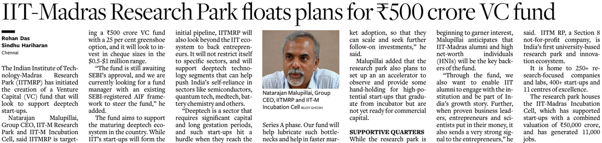 prasannavishy's tweet image. IIT-Madras, with a track record of incubating 400+ start-ups worth ₹50,000cr & 11k jobs, proposes to float a ₹500cr VC fund  Focus: deeptech including semiconductor, quantum, medtech, batteries. India’s premier research park backing the next wave of self-reliant innovation…