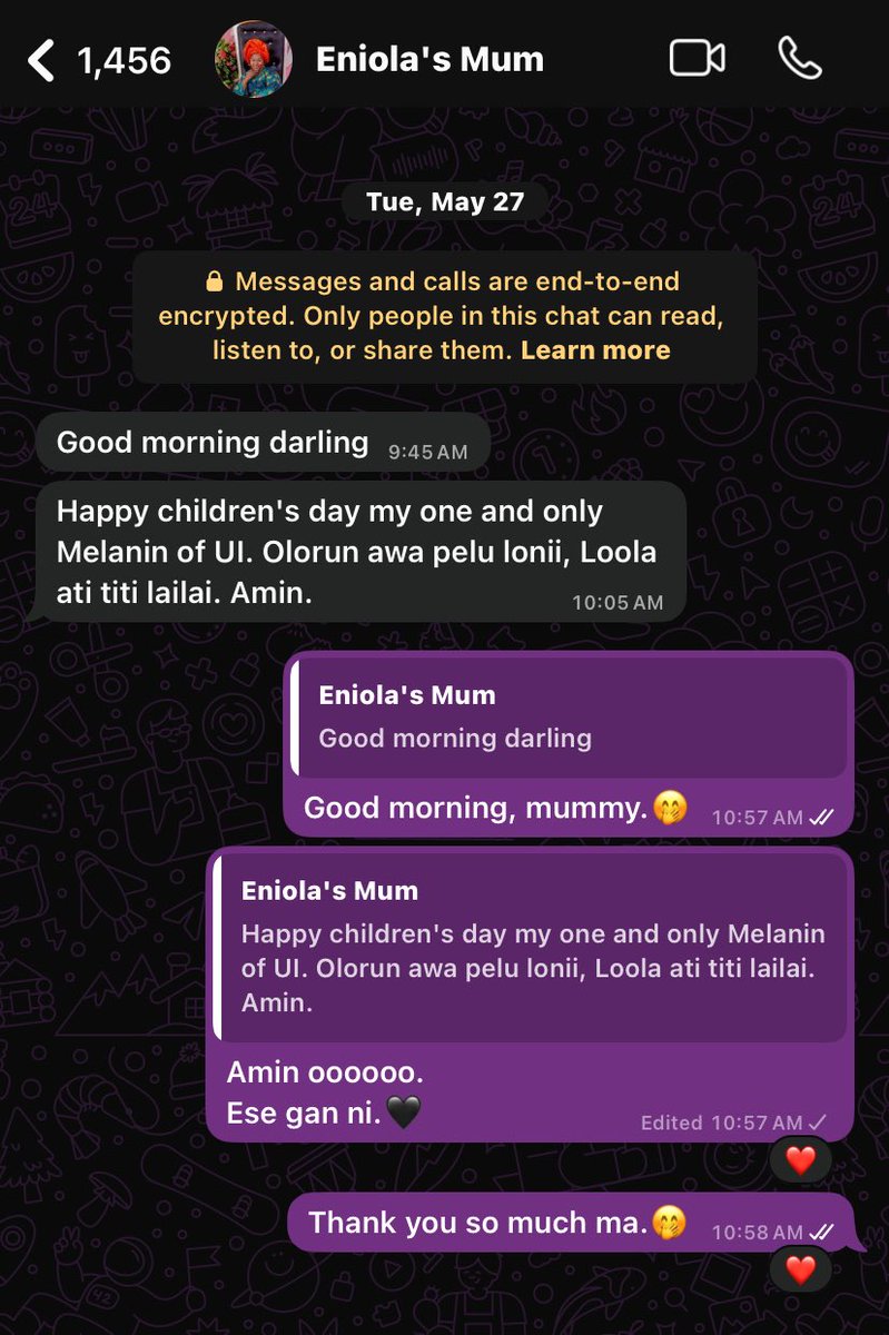 She sends me a good morning text almost every morning.🥹

I usually wake up to see it.🥹
I love her pretty too much.🤭

When we travelled for her mum’s burial, she sewed the same dress for her children and I.🥹
Me sef join deceased grandchildren that day.😂🥹🖤