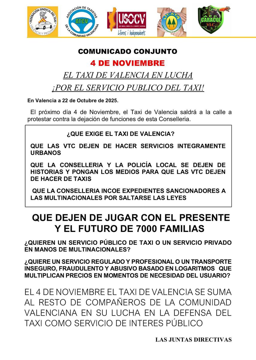 TaxiFedeVLC's tweet image. Comunicado conjunto 📢 sobre la protesta del próximo 4 de noviembre del #TaxiEnLucha contra la dejación de funciones de @GVAMediAmbient.

⚠️ Exigimos que dejen de jugar con el presente y futuro de 7.000 familias del sector por complacer a multinacionales piratas #VTC 🏴‍☠️🚖