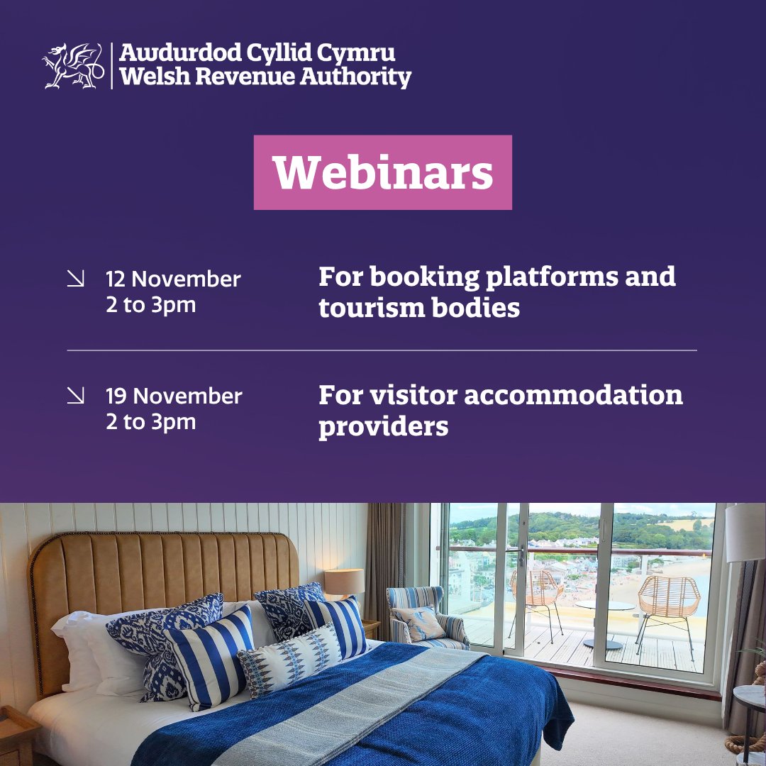 💻 We're running free webinars this November about visitor accommodation registration and the visitor levy. 
 
📅For booking platforms and tourism bodies: eventbrite.co.uk/e/national-vis…
 
📅 For visitor accommodation providers: eventbrite.co.uk/e/national-vis…

<a href="/VisitWalesBiz/">Visit Wales Biz</a>